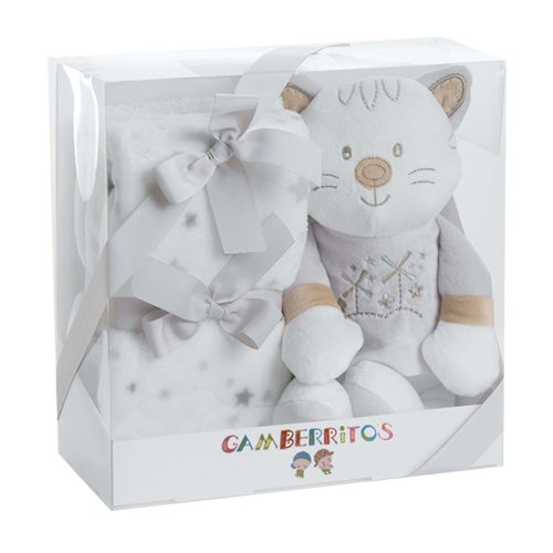 Gamberritos takaró - wellsoft 80x110cm - plüss játékkal pólós cica szürke 