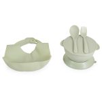 MONI SURPRISE baba etetőszék szilikon tányérral, evőeszközzel, előkével ZÖLD