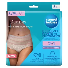   Canpol babies Légáteresztő és ultra nedvszívó, eldobható 2 az 1-ben bugyi szülés utáni betéttel L/XL méret, 5 db