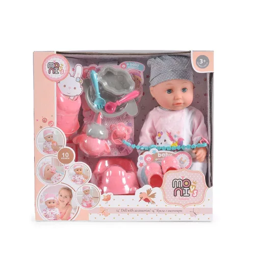Moni Toys Baba 36 cmes baba pisilős baba szett szürke/rózsa