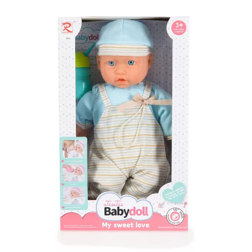 Moni BABA 41 cm-es fiú baba, csíkos, kantáros nacis VKÉK/szürke