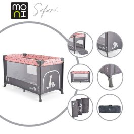   SAFARI utazóágy 1 szintes, zippes kibújóval, állatmintás PINK/rózsa