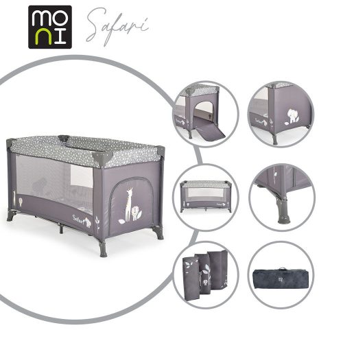 SAFARI utazóágy 1 szintes, zippes kibújóval, állatmintás GRAFIT