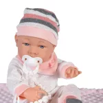 Moni BABA 41 cmes újszülött, cumival, takaróval, szürke csíkos sapiban RÓZSASZÍN