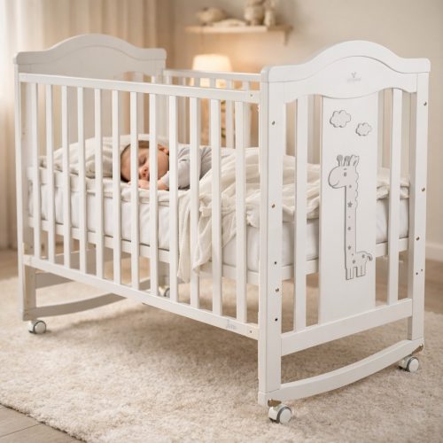 JUNO fa babaágy zsiráf mintás, ringatós 60*120cm FEHÉR