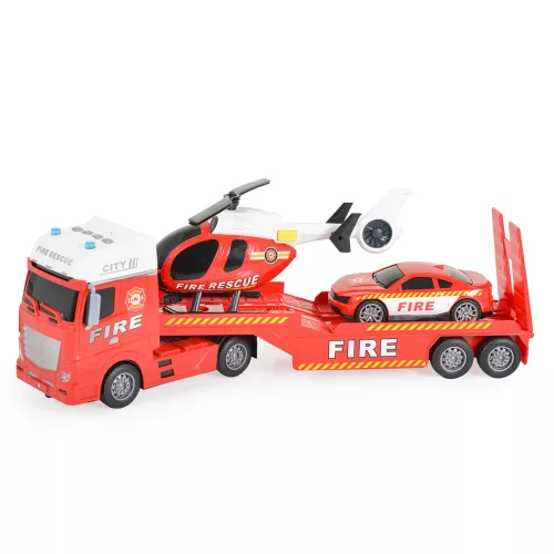 Tűzoltó vontató autó helikopterrel, autóval 54cm PIROS